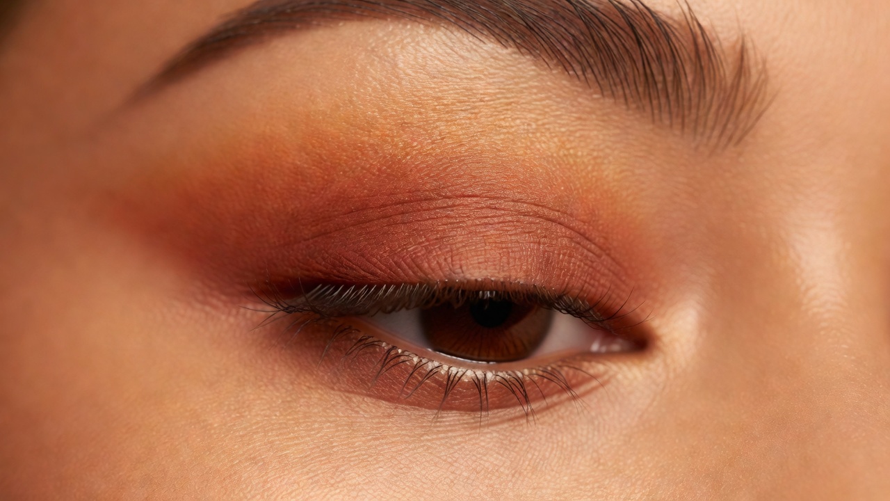 Close up detail of perfectly blended warm toned eyeshadow on a model's eye