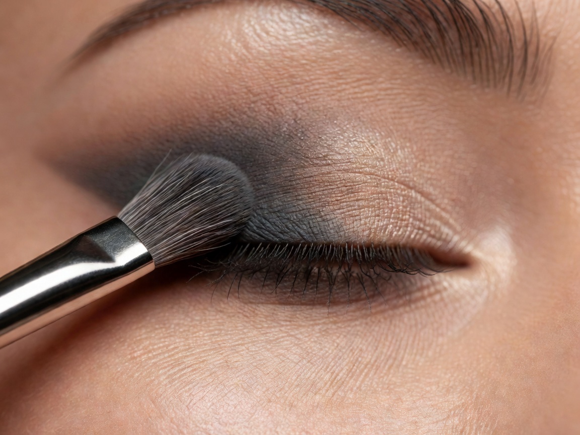 Close up of a makeup brush applying blended eyeshadow to an eyelid