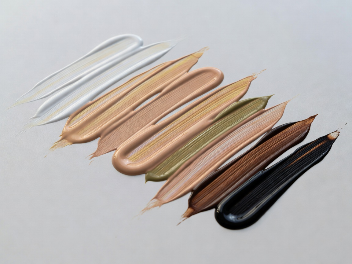 Liquid foundation swatches showing different undertones and lighting effects