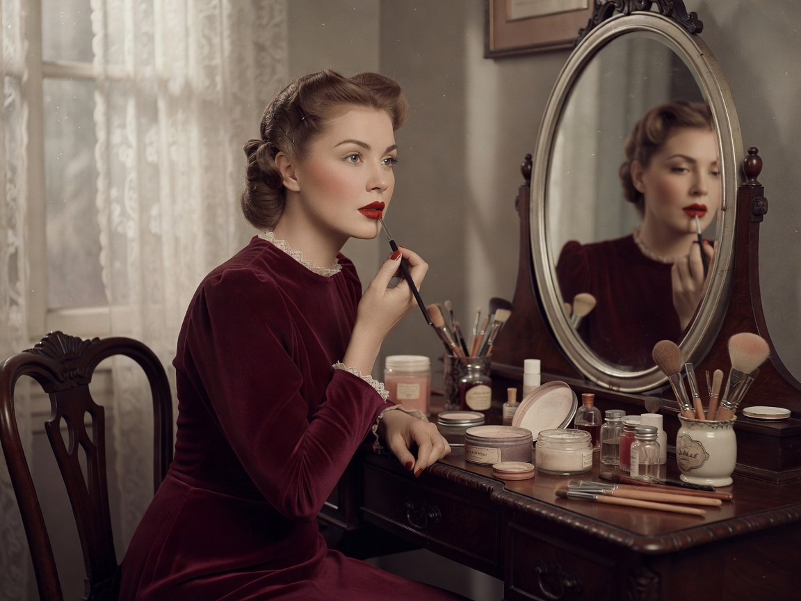 Vintage style portrait of a woman applying makeup reflecting historical beauty aesthetics