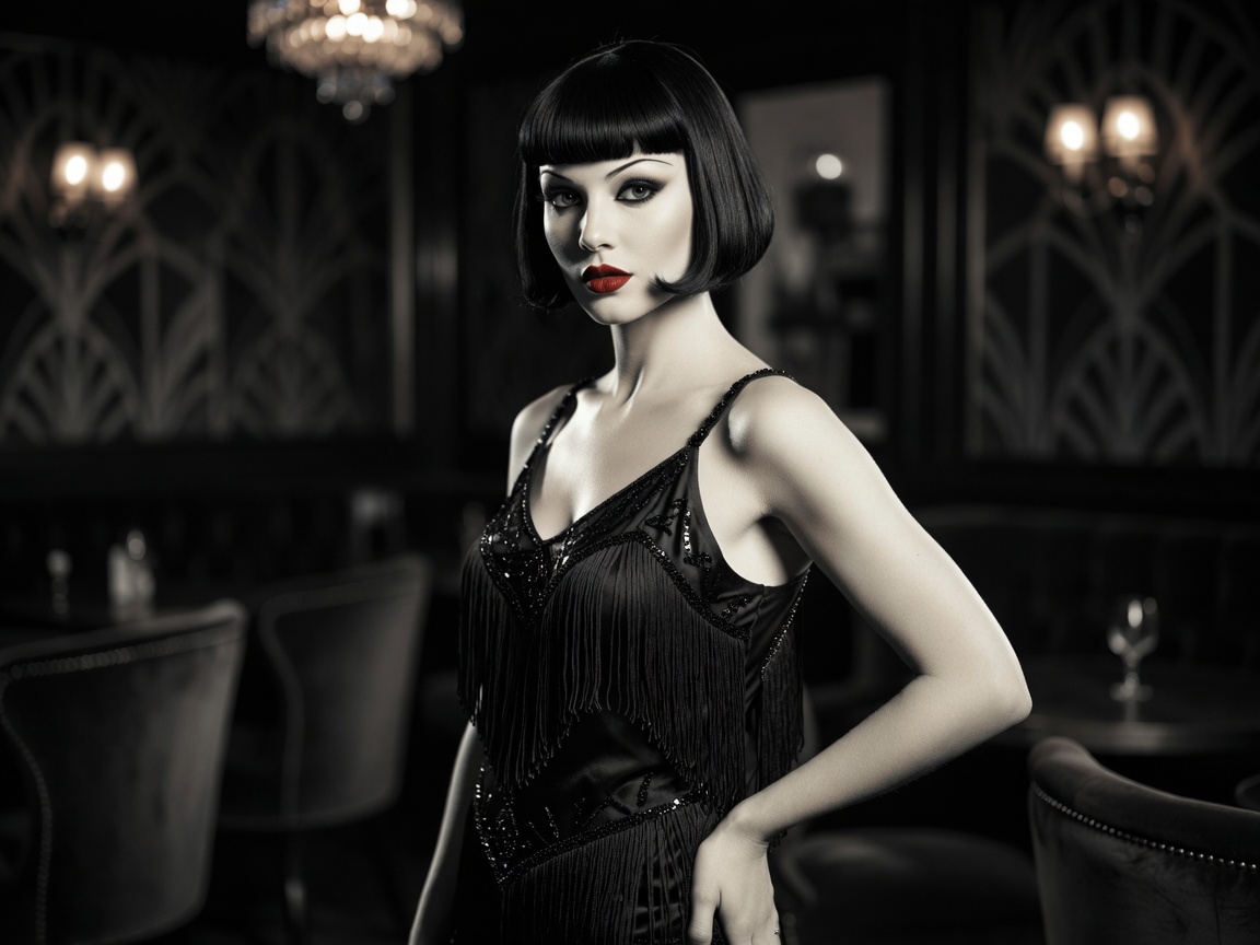 Woman styled with 1920s flapper era dark makeup and short hair